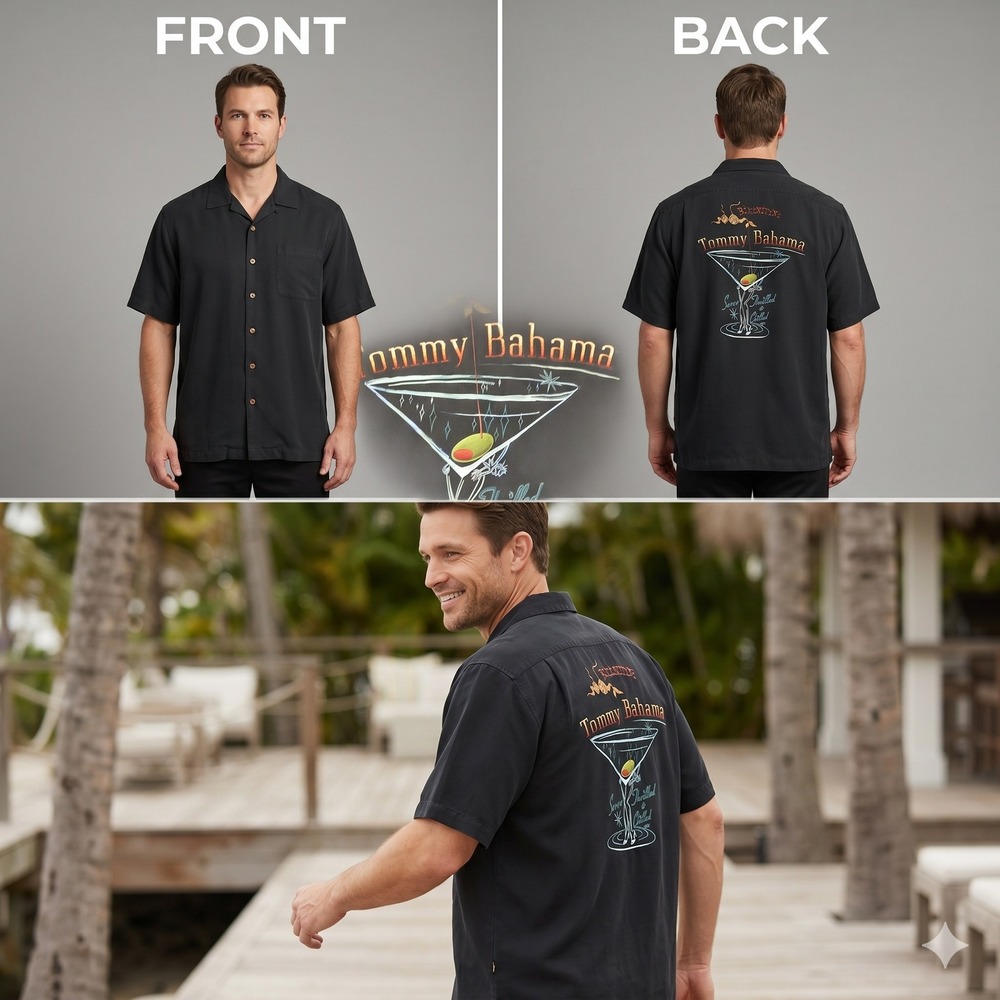 Tommy Bahama Mens XL Black Silk Bikinitini Martini Embroidered Camp Shirt XL - Picture 4 of 16